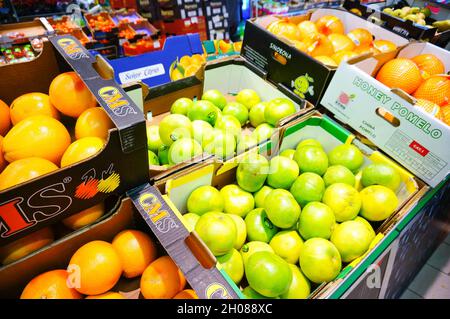 POZNAN, POLEN - 10. Feb 2016: Eine Reihe verschiedener Zitrusfrüchte zum Verkauf in einem Lidl-Supermarkt Stockfoto