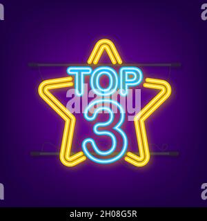 Top 3 - Top Ten Gold mit blauem Neon-Label auf schwarzem Hintergrund. Vektorgrafik Stock Vektor