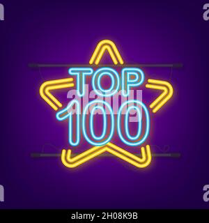 Top 100 - Top Ten Gold mit blauem Neon-Label auf schwarzem Hintergrund. Vektorgrafik Stock Vektor