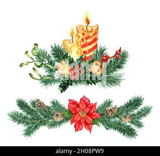 Aquarell-Illustration des Dekors für Weihnachten und Neujahr. Festliches Bouquet mit Kerzen und Ornament mit Weihnachtsstern, Fichte, Glocken, Stechpalme, m Stockfoto