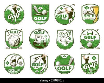 Golf Sport Vektor Symbole von Bällen, Schlägern, Tee und Löcher, Golfer, Fahnen und Trophäenbecher. Golfspieler mit Ausrüstung, Karren und einheitlicher Kappe auf grünem Gras Stock Vektor