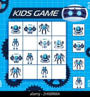 Sudoku Kinder-Spiel mit Robotern, Vektor-Rätsel mit Cartoon ai Cyborgs, humanoids und Androids Zeichen auf kariertem Brett. Kinder Logik Labyrinth, Puzzle Stock Vektor