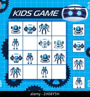 Sudoku Kinder-Spiel mit Robotern, Vektor-Rätsel mit Cartoon ai Cyborgs, humanoids und Androids Zeichen auf kariertem Brett. Kinder Logik Labyrinth, Puzzle Stock Vektor