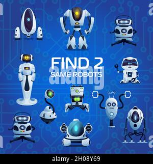 Roboter und Droiden finden zwei gleiche Spiel, Cartoon Kinder Vektor Rätsel mit ai Cyborgs. Entwicklung von pädagogischem Geist und Aufmerksamkeit. Logiktest für Kinder Stock Vektor