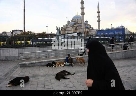 Istanbul, Türkei. Oktober 2021. Eine Frau geht an einem Obdachlosen vorbei und Hunde um ihn herum. In der Türkei, wo fast alle durch Maßnahmen des Coronavirus verhängten Verbote aufgehoben wurden, sind in den letzten 24 Stunden 188 Menschen an den Folgen der Coronavirus-Pandemie gestorben. Kredit: SOPA Images Limited/Alamy Live Nachrichten Stockfoto