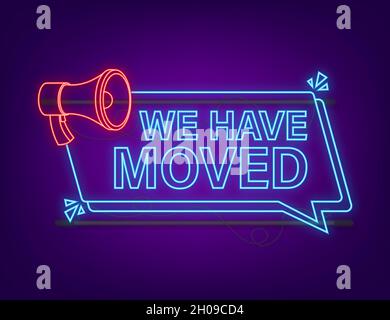 Mann mit Megaphon - Wir sind umgezogen. Neon-Style. Vektorgrafik Stock Vektor