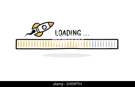 Schnelle Geschwindigkeit Laden bar Doodle mit Rakete. Geschwindigkeit Fortschrittsbalken, schnelles Internet-Konzept. Handgezeichnete Linienzeichnung. Isolierte Vektordarstellung. Stock Vektor