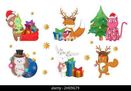 Glückliche Tiere, niedliche Cartoon-Figuren mit Weihnachtsdekorationen für Grußkarte, Aufkleber, Druck, Vektor-Illustration Stock Vektor