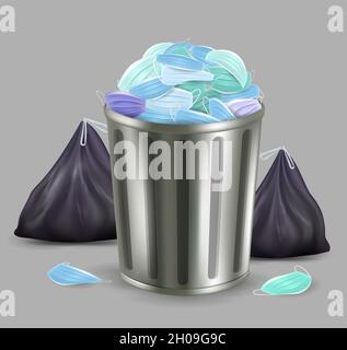 Used disposable face masks in plastic trash bags, rubbish bin and thrown on the ground. Environment pollution, vector. Stock Vektor