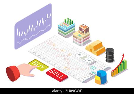 Geschäftsmann Trader kaufen Aktien online, investieren in die Börse, flache Vektor isometrische Illustration. Aktienhandel. Stock Vektor