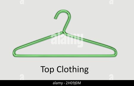 3D-Illustration eines grünen Kleiderbügels und der Text Top Clothing, isoliert auf hellgrünem Hintergrund. Stockfoto