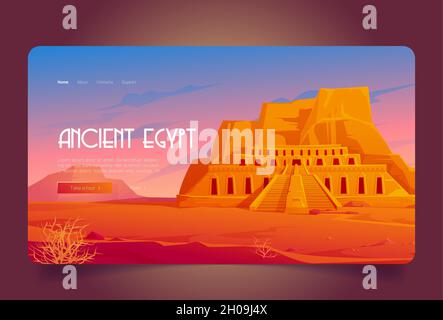 Antike Ägypten Cartoon Landing Page, Totentempel der Königin Hatschepsut in Deir al-Bahri, weltberühmtes ägyptisches Wahrzeichen in der Wüstenlandschaft. Touristenattraktion Architektur Gebäude Vektor Web-Banner Stock Vektor