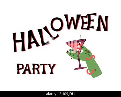 Poster zur Halloween-Party. Schriftzug, tote Zombie Hand hält blutigen Cocktail isoliert auf weißem Hintergrund. Flache Grafik Stockfoto