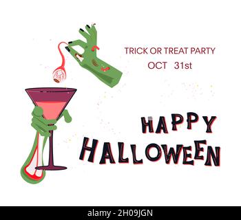 Poster zur Halloween-Party. Schriftzug, tote Zombie Hand hält blutigen Cocktail isoliert auf weißem Hintergrund. Flache Grafik Stockfoto