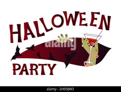Poster zur Halloween-Party. Schriftzug, tote Zombie Hand hält blutigen Cocktail isoliert auf weißem Hintergrund. Flache Grafik Stockfoto