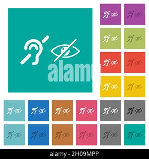 Symbole für Hör- und Sehbehinderte mehrfarbige flache Symbole auf schlichten quadratischen Hintergründen. Weiße und dunklere Symbolvariationen für Schweben oder Akt enthalten Stock Vektor