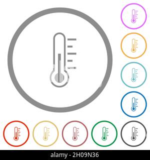 Flache Farbsymbole für Thermometer mit mittlerer Temperatur in runden Umrissen auf weißem Hintergrund Stock Vektor