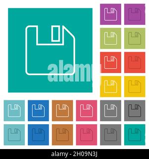 Auf Diskette speichern umreißt mehrfarbige flache Symbole auf einfachem quadratischem Hintergrund. Weiße und dunklere Symbolvarianten für schwebe- oder aktive Effekte. Stock Vektor
