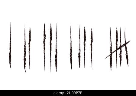 Legen Sie die Strichmarkierungen oder Striche fest, die von Hand isoliert auf weißem Hintergrund gezeichnet werden. Die Anzahl der Wartenden im Gefängnis an der Wand wird gezählt. Grunge-Hub. . Vektorgrafik Stock Vektor