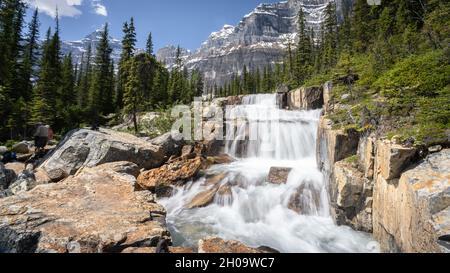 Großer Wasserfall in alpiner Umgebung mit Bergen im Hintergrund, Banff National Park, Kanada Stockfoto