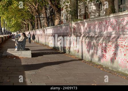 Westminster, London, Großbritannien. 11th Oktober 2021. Die National Covid Memorial Wall. Eine neue parlamentarische Untersuchung und ein gemeinsamer Bericht des parteiübergreifenden Ausschusses für Gesundheit und Soziales des Unterhauses sowie für Wissenschaft und Technologie schließen schwerwiegende Mängel im Bereich der öffentlichen Gesundheit in den frühen Stadien der Coronavirus-Pandemie im Vereinigten Königreich ab. Abgebildet ist die Coronavirus Memorial Wall in Westminster heute. Kredit: Imageplotter/Alamy Live Nachrichten Stockfoto