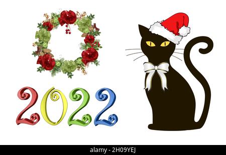 Frohes neues Jahr 2022, Zahlen, schwarze Katze, weihnachten, Neujahrskatze, weihnachtsmann, Neujahrskarte Stockfoto