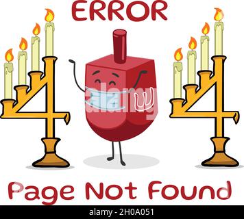 Fehlermeldung „Hanukkah Themed 404“. Hoppenseite nicht gefunden. Fehlermeldung „Seite fehlt, demnächst verfügbar“. Drehen der dreidelligen Spiel niedlichen Charakter. Stock Vektor