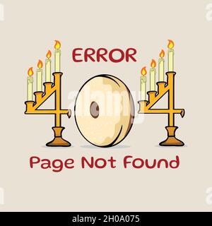 Fehlermeldung „Hanukkah Themed 404“. Hoppenseite nicht gefunden. Fehlermeldung „Seite fehlt, demnächst verfügbar“. Drehen der dreidelligen Spiel niedlichen Charakter. Stock Vektor