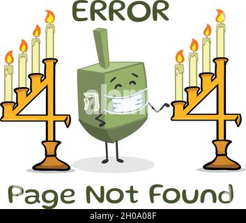 Fehlermeldung „Hanukkah Themed 404“. Hoppenseite nicht gefunden. Fehlermeldung „Seite fehlt, demnächst verfügbar“. Drehen der dreidelligen Spiel niedlichen Charakter. Stock Vektor