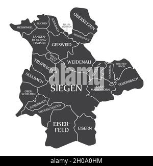 Siegen Stadtplan Deutschland DE beschriftete schwarze Illustration Stock Vektor