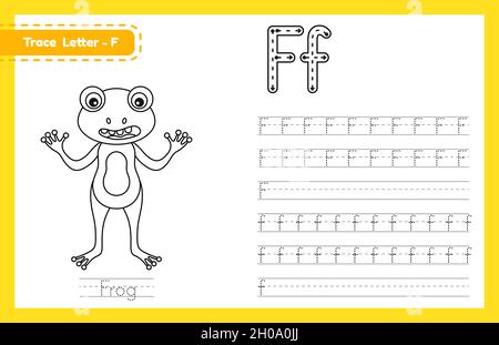 Trace-Buchstabe F in Groß- und Kleinbuchstaben. Alphabet Tracing Praxis Vorschule Arbeitsblatt für Kinder Englisch lernen mit niedlichen Cartoon Tier. Coloring boo Stock Vektor