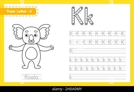 Trace Letter K Groß- und Kleinschreibung. Alphabet Tracing Praxis Vorschule Arbeitsblatt für Kinder Englisch lernen mit niedlichen Cartoon Tier. Coloring boo Stock Vektor