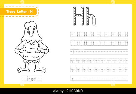 Trace-Buchstabe H in Groß- und Kleinbuchstaben. Alphabet Tracing Praxis Vorschule Arbeitsblatt für Kinder Englisch lernen mit niedlichen Cartoon Tier. Coloring boo Stock Vektor