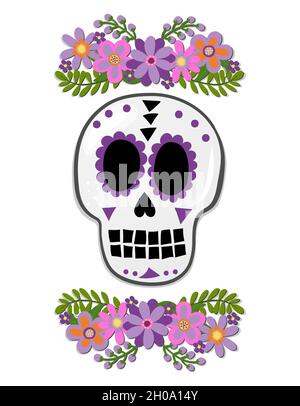 Día de los muertos, Tag der Toten in Mexiko - Halloween Zitat auf weißem Hintergrund mit schönem mexikanischen Zuckerschädel. Gut für T-Shirt, Becher, Heimtrikot Stock Vektor