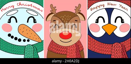 Drei niedliche Karten mit Schneemann, Hirsch und Pinguin Stock Vektor