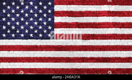 Alte Mauer aus Ziegeln mit der Nationalflagge der Vereinigten Staaten von Amerika isoliert 3D Hintergrund gemalt. Konzept der sozialen Barrieren der Einwanderung Stockfoto