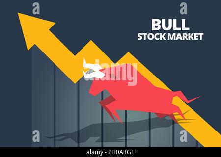 Bullen- oder Bullish-Run-Symbol mit Wachstumspfeildiagramm und Balken. Konzepte für den Aktienmarkt von Bull und Bear Börse oder Finanzen. Vektor Stock Vektor
