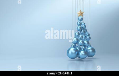Weihnachtsbaum mit weihnachtskugeln auf blauem Studiohintergrund. 3D-Rendering Stockfoto