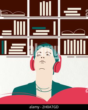 Flache Illustration, wie ein junger Mensch mit Kopfhörern ein E-Book oder einen Podcast über Sachbücher in der Bücherbibliothek mit Telefon-App hört Stockfoto