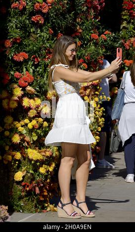 Die junge Frau, die während der jährlichen Blumenkunstshow Chelsea in Bloom ein Selfie auf ihrem Handy machte, und die Blumendusche in den Geschäften und Straßen von Chelsea Stockfoto