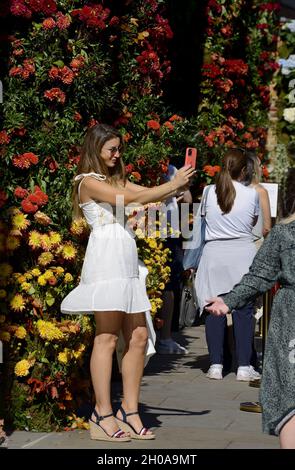 Die junge Frau, die während der jährlichen Blumenkunstshow Chelsea in Bloom ein Selfie auf ihrem Handy machte, und die Blumendusche in den Geschäften und Straßen von Chelsea Stockfoto