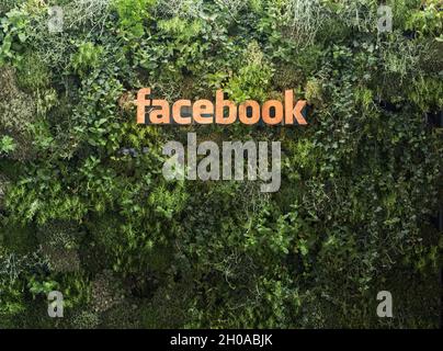 Facebook-Logo auf einer lebenden grünen Pflanzenwand im Facebook-Pavillon in Cannes Francce 2015 Stockfoto