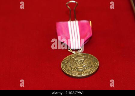 BERGBLICK, Kalifornien - Herr Kario Harris, Zivilist, Stabschef der 63d Readiness Division, erhält die Verdienstmedaille für Zivildienst von Major General Alberto Rosende, kommandierender General, 63d RD während der virtuellen Battle Assembly des Hauptquartiers und der Hauptquartiers der Abteilungs-Einheit von 63d RD, 8. Januar 2021. Stockfoto