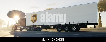 Guilherand-Granges, Frankreich - 12. Oktober 2021. LKW auf der Straße mit UPS-Logo. US-amerikanisches multinationales Unternehmen für Paketzustellung und Supply Chain Management Stockfoto