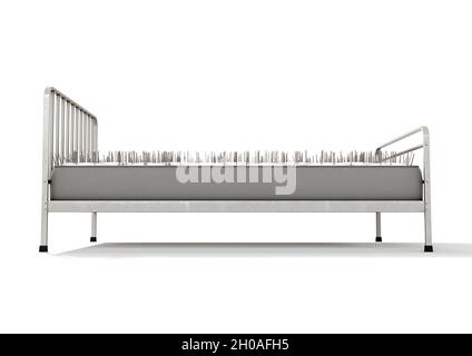 Eine wörtliche Metapher, die ein metallgerahmtes Bett mit einer mit Nägeln bedeckten Matratze auf einem isolierten weißen Studiohintergrund zeigt - 3D-Rendering Stockfoto