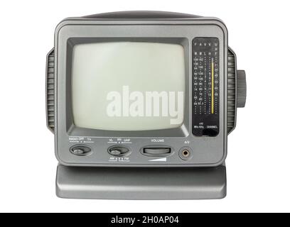 Retro-Fernseher. Tragbarer Fernseher. Alter Schwarzweißfernseher. Isolieren auf weißem Hintergrund. Stockfoto