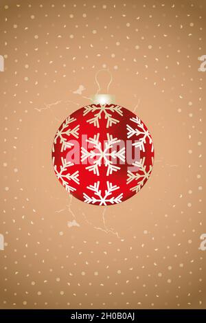 Weihnachtskarten-Design mit schimmernder roter Weihnachtskugel auf Retro-Design-Hintergrund und verschiedenen schimmernden Schneeflocken Stockfoto