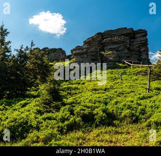 Felsformation auf dem Gipfel des Vozka-Hügels im Gebirge Jeseniky in Tschechien Stockfoto