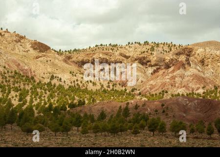 Landschaft und Landschaft in der Nähe der Stadt Asni ist eine kleine Stadt in den Ausläufern des Hohen Atlas in der Nähe von Marrakesch, Marokko. Stockfoto