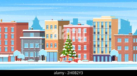 Das Stadtgebäude beherbergt das Stadtbild der winterlichen Straßen Stock Vektor